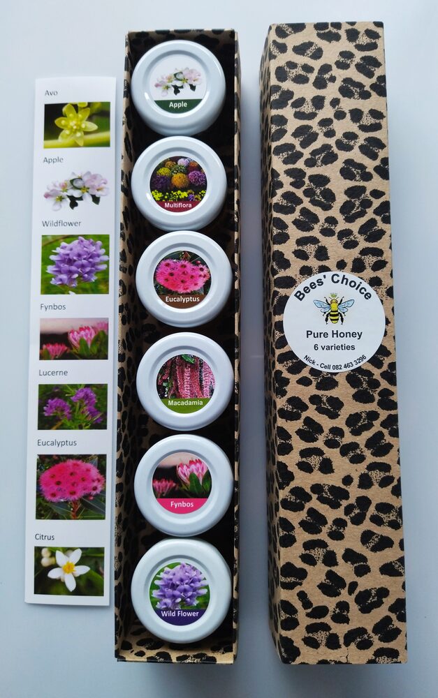 A Bees' Choice gift box holding six 50g jars of different honeys with a pressed-flower bookmark